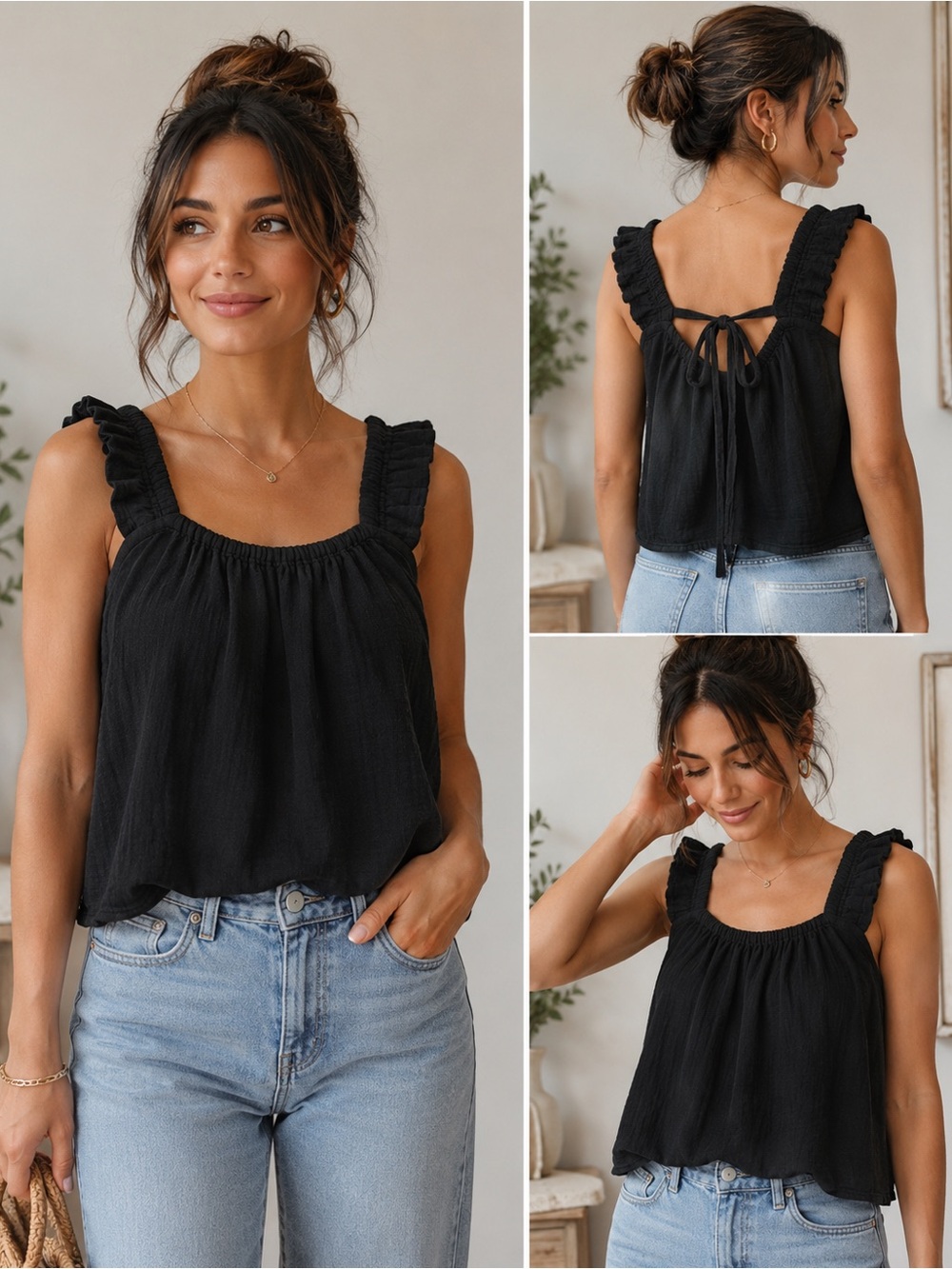 Old Navy Black Ruffled Strap Tank Top with Back Tie